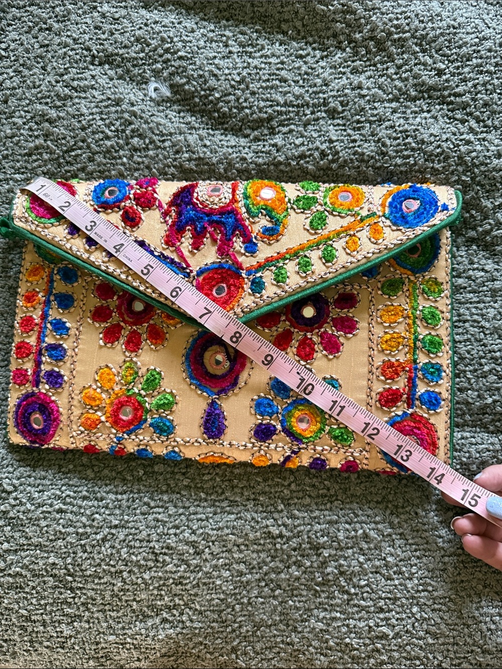 Colorful Embroidered Elephant Floral Clutch with Green Beaded Strap - Picture 6 of 7